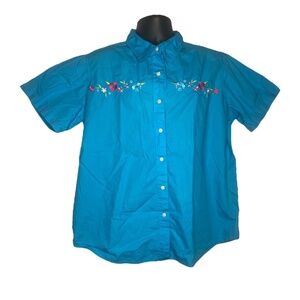 Basic Editions Floral Embroidered Button Up (Size: 18W, Color: Blue)